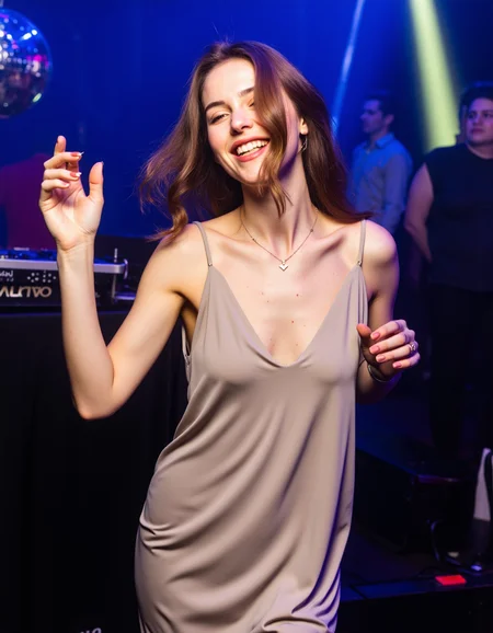 ultra detailed, ultra quality, ultra quality, a beautiful young woman in a champagne-colored slip dress, swaying to the last song of the night, bathed in the soft blue and purple hues of the clubâs closing lights. Her loose, tousled waves frame her face, catching the remnants of disco ball reflections as she smiles, lost in the moment. Captured in a nostalgic film-style medium shot with a Kodak Portra 400 effect, evoking a dreamy, sentimental mood as the night comes to an end <lora:lora:1> p4rt1gs