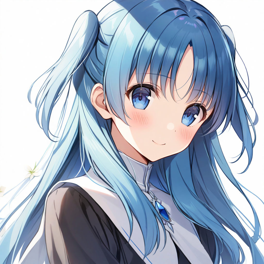 chtholly(sukasuka), 1girl, solo, blue hair, blue eyes, long hair, smile, flower, white background, looking at viewer, bangs, two side up, upper body, closed mouth, blush, lily (flower), simple background <lora:XL-Chtholly:1>