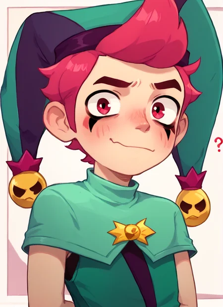 score_9, score_8_up, score_7_up, <lora:bschester:1> 1boy, bschester , pink hair, red eyes , jester cap, green headwear ,green jumpsuit, capelet, ,solo , blush, evil smile,, confused, ??? ,arms behind back, looking at viewer, closed mouth <lora:PossumMachine:1>posmach