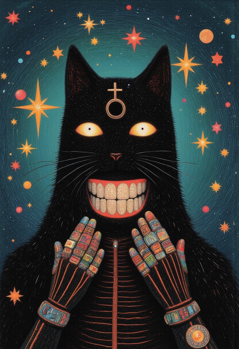 A shadow cat in the void in style of Shaun Tan, her paws hold the sky,
No face, no mercy, just a hollow black eye.
Stars scatter like ashes, caught in her grip,
She’s the end and beginning, the tightening slip.
Faceless goddess with teeth grill Gr!llz, dressed to kill,
A fur-lined queen in a cosmic still.
She births and burns, she turns the tide,
With a universe dying inside.
Her armor whispers, black as the night,
The weight of creation, a terrible might.
Fingers poised to crush what she gave,
A cradle to dust, a galaxy’s grave.
Twinkling stars in the chaos behind,
Colorful daggers in the blackest mind.
A camera’s gaze, locked, divine—
Level with power, destruction entwined.
Faceless goddess, dressed to kill,
A fur-lined queen in a cosmic still.
She births and burns, she turns the tide,
With a universe dying inside.
Wide and sharp, every detail sings,
The dark-turqoise and orange light bends low as the final bell rings.
She holds it close, her masterpiece undone,
A faceless goddess, eclipsing the Backlit backlight sun.