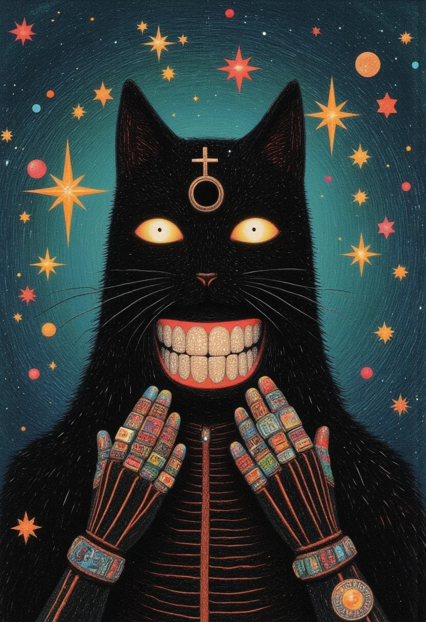 A shadow cat in the void in style of Shaun Tan, her paws hold the sky,
No face, no mercy, just a hollow black eye.
Stars scatter like ashes, caught in her grip,
She’s the end and beginning, the tightening slip.
Faceless goddess with teeth grill Gr!llz, dressed to kill,
A fur-lined queen in a cosmic still.
She births and burns, she turns the tide,
With a universe dying inside.
Her armor whispers, black as the night,
The weight of creation, a terrible might.
Fingers poised to crush what she gave,
A cradle to dust, a galaxy’s grave.
Twinkling stars in the chaos behind,
Colorful daggers in the blackest mind.
A camera’s gaze, locked, divine—
Level with power, destruction entwined.
Faceless goddess, dressed to kill,
A fur-lined queen in a cosmic still.
She births and burns, she turns the tide,
With a universe dying inside.
Wide and sharp, every detail sings,
The dark-turqoise and orange light bends low as the final bell rings.
She holds it close, her masterpiece undone,
A faceless goddess, eclipsing the Backlit backlight sun.