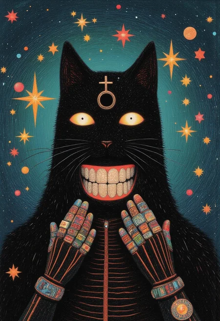 A shadow cat in the void in style of Shaun Tan, her paws hold the sky,
No face, no mercy, just a hollow black eye.
Stars scatter like ashes, caught in her grip,
She’s the end and beginning, the tightening slip.
Faceless goddess with teeth grill Gr!llz, dressed to kill,
A fur-lined queen in a cosmic still.
She births and burns, she turns the tide,
With a universe dying inside.
Her armor whispers, black as the night,
The weight of creation, a terrible might.
Fingers poised to crush what she gave,
A cradle to dust, a galaxy’s grave.
Twinkling stars in the chaos behind,
Colorful daggers in the blackest mind.
A camera’s gaze, locked, divine—
Level with power, destruction entwined.
Faceless goddess, dressed to kill,
A fur-lined queen in a cosmic still.
She births and burns, she turns the tide,
With a universe dying inside.
Wide and sharp, every detail sings,
The dark-turqoise and orange light bends low as the final bell rings.
She holds it close, her masterpiece undone,
A faceless goddess, eclipsing the Backlit backlight sun.