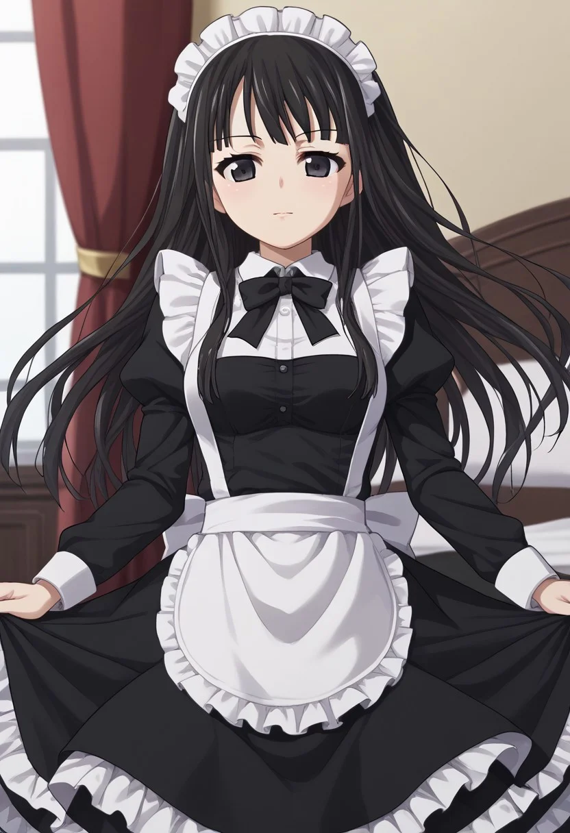 1girl, solo, byakuya rinne, black eyes, maid, enmaided, maid headdress, source_anime, score_9