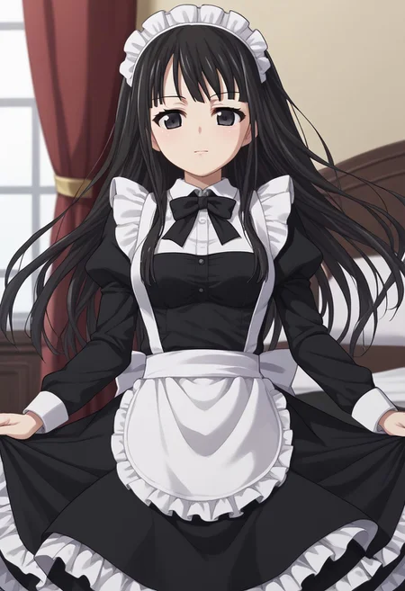 1girl, solo, byakuya rinne, black eyes, maid, enmaided, maid headdress, source_anime, score_9