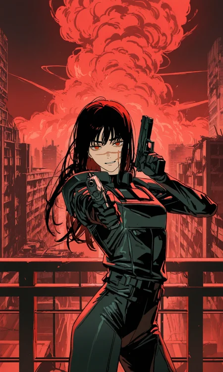 red eyes, 1girl, yoru \(chainsaw man\), long hair, scar on face, ringed eyes, (cyberpunk:1.2), (science fiction:1.2), black bodysuit, armor, shoulder pads, hands up, dual wielding, handgun, trigger discipline, science fiction, balcony, serious, (\(mushroom cloud\):1.15), explosion, smoke, (city:1.15), ruins, laughing, crazy, looking at viewer, red theme, cowboy shot, leaning back, small breasts, (mature female:0.5), (masterpiece, best quality, very awa:1.0)