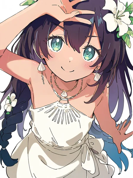 1girl,fatutu,looking at viewer,smile,solo,dark skin,simple background,white background,,from_above,<lora:fatutu-000012:1>, masterpiece, best quality, very aesthetic, absurdres,newest, incredibly absurdres,, ,(Ixy:0.6)),(hiten \(hitenkei\):0.7),