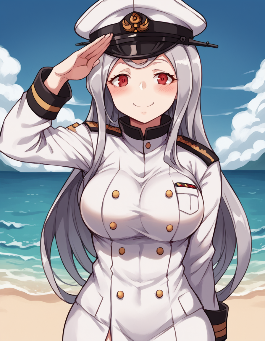 score_9, score_8_up, score_7_up, source_anime, <lora:shalltear-bloodfallen-s1s2-ponyxl-lora-nochekaiser:1>, shalltear, grey hair, long hair, red eyes, silver hair, large breasts,, <lora:kancolle-admiral-cosplay-ponyxl-lora-nochekaiser:1>, kancolle admiral cosplay, admiral (kancolle) (cosplay), naval uniform, cosplay, military uniform, military, peaked cap,, beach, salute, blush, smile, cowboy shot, looking at viewer,
