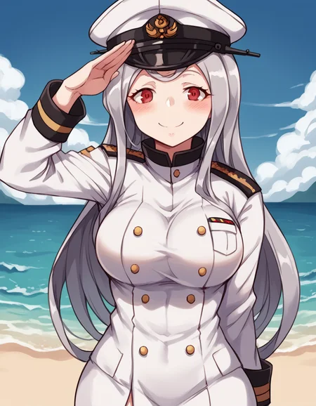 score_9, score_8_up, score_7_up, source_anime, <lora:shalltear-bloodfallen-s1s2-ponyxl-lora-nochekaiser:1>, shalltear, grey hair, long hair, red eyes, silver hair, large breasts,, <lora:kancolle-admiral-cosplay-ponyxl-lora-nochekaiser:1>, kancolle admiral cosplay, admiral (kancolle) (cosplay), naval uniform, cosplay, military uniform, military, peaked cap,, beach, salute, blush, smile, cowboy shot, looking at viewer,