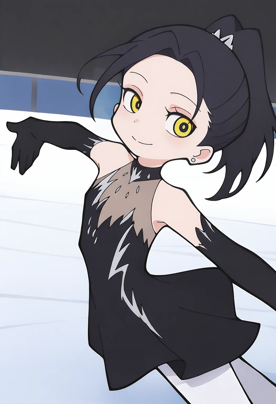 <lora:diaodaitianshi_WAI_IL-000155>,
DDTS,1girl,
<lora:Hikaru KAMISAKI_1.0_illustrious-000036:1>,
KHA_two,solo,smile,yellow eyes,earrings,looking at viewer,black hair,ponytail,black gloves,closed mouth,cowboy_shot,elbow gloves,
skating rink,skating,dynamic_angle,dancing,black dress,white pantyhose