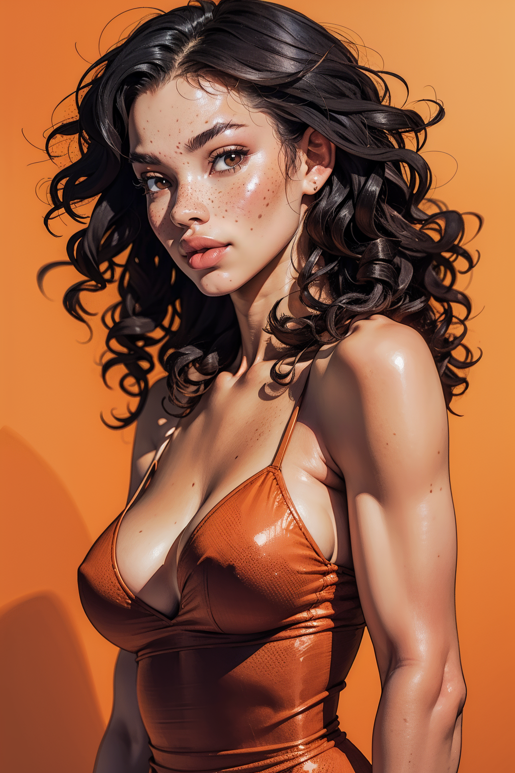 m1xd0ll, 1girl, long hair, black hair, brown eyes, portrait, freckles, tan skin, curly hair, upper body, <lora:m1xd0ll:0.7>  masterpiece, best quality, <lora:age_slider_v20:1> <lora:detail_slider_v4:1>
