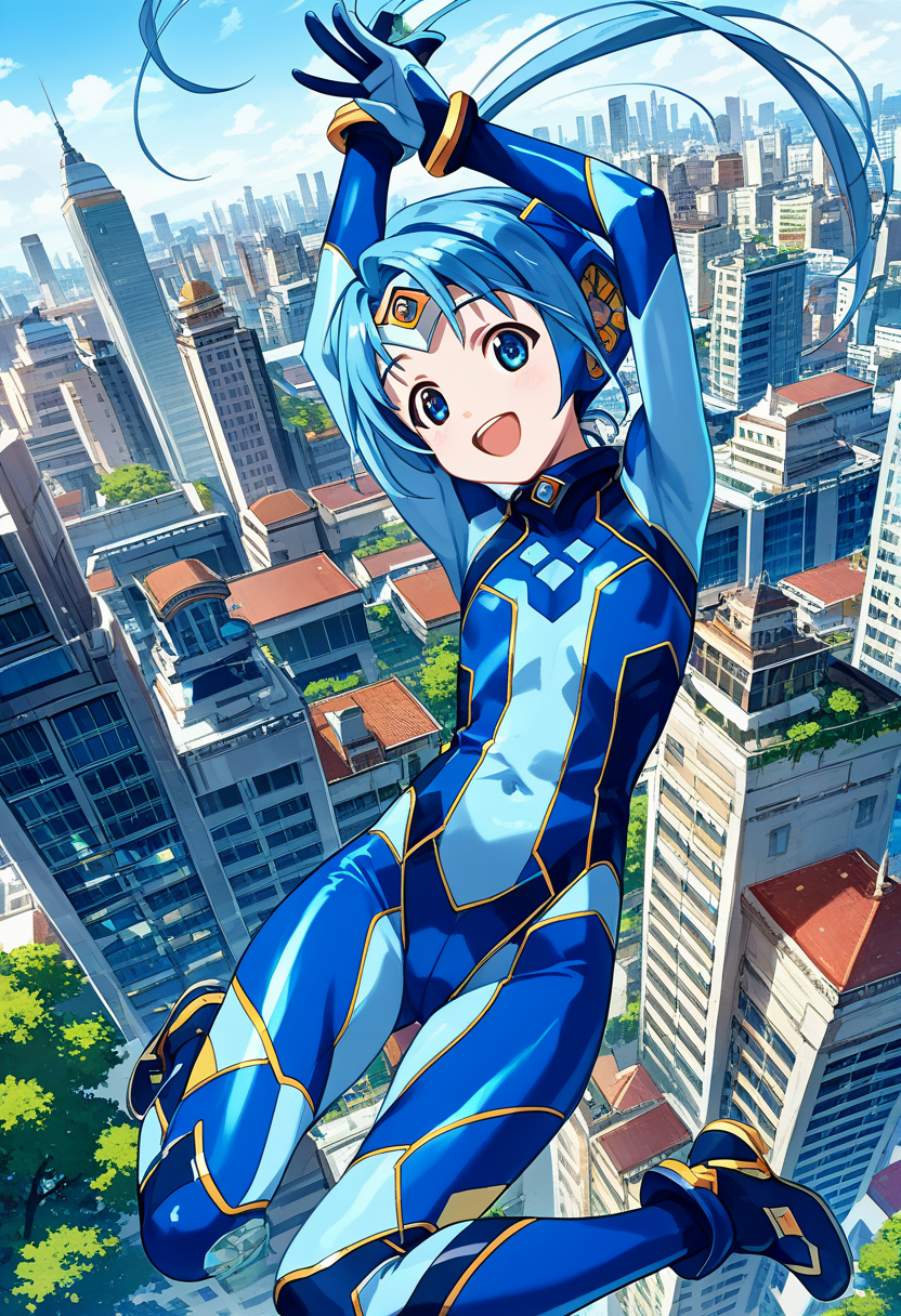 score_9, score_8_up, score_7_up, source_anime, anime artwork, all intricate, extremely detailed wallpaper, best quality, masterpiece, 1girl, solo,
ultiblue, blue bodysuit, flat chest, smile, open mouth, jumping, cityscape, building, arm up,
<lora:UltimateGirls-PDXL-2-000002:0.8>
