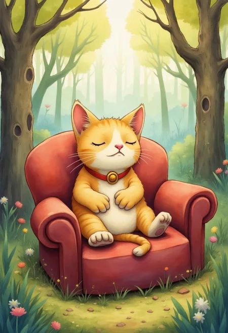 cute funny cat chilling on a couch in the forest watercolor style l10nhe43t