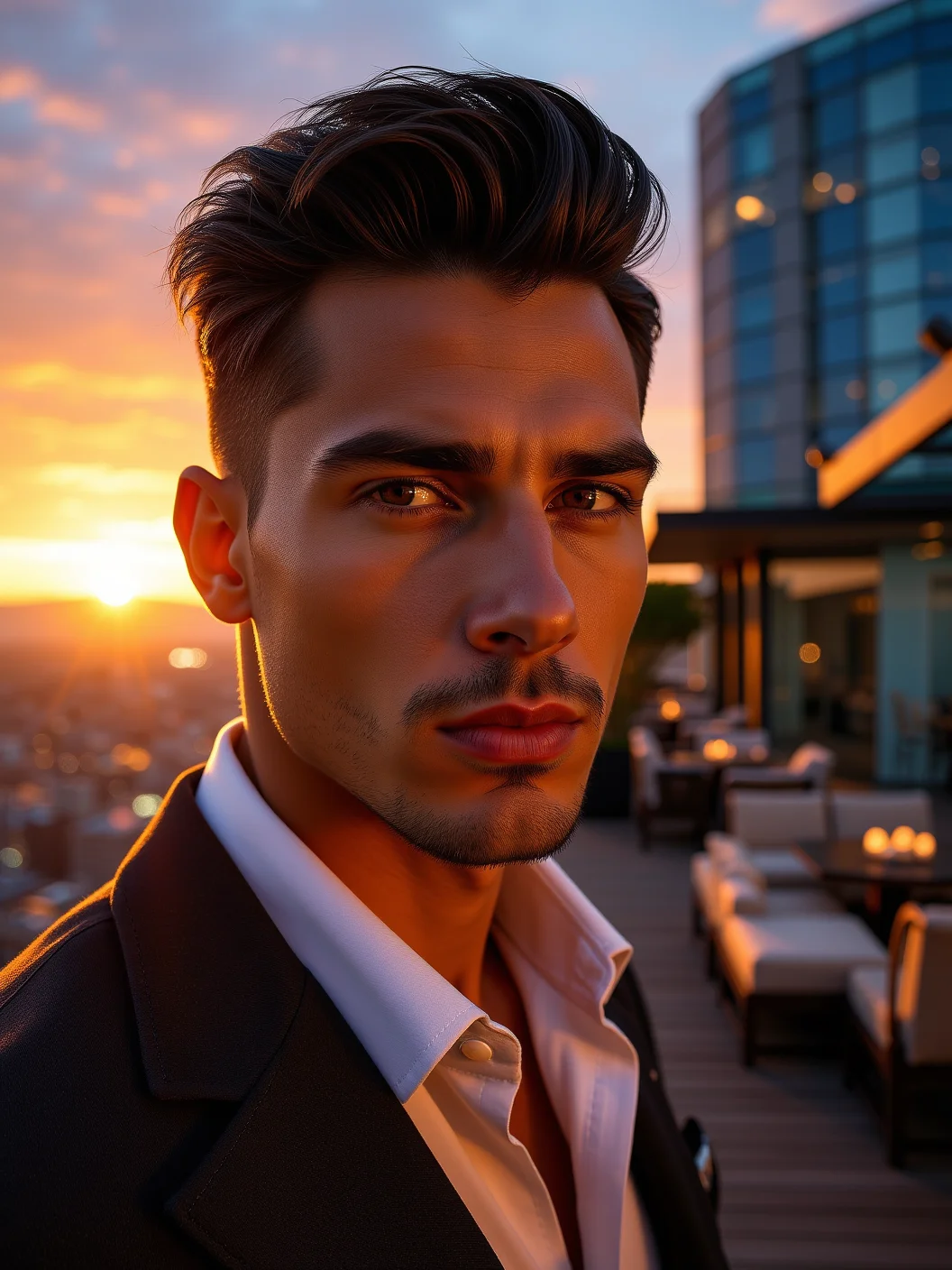Cinematic closeup of a man, his face bathed in the soft, golden light of an elegant rooftop at sunset. His flawless skin glows under the ambient light, and his sharp features—high cheekbones and a defined jawline—are framed by his perfectly styled hair. His dark, intense eyes reflect the deep oranges and purples of the sky behind him. The rooftop scene is filled with luxurious touches—modern glass architecture, plush seating, and twinkling city lights far below. His designer outfit blends seamlessly with the high-end setting, creating a sophisticated, mesmerizing image.