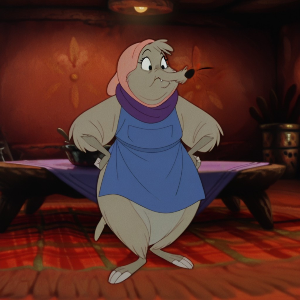 masterpiece, best quality, amazing quality, AshrewtsonIL, semi-anthro, female, shrew, tan fur, black eyes, whiskers, pink hood, blue apron, purple scarf, inside, standing, hands on hips,, <lora:c2cb7501-60d8-4af9-8d93-e82ce123e9e8:1.0>