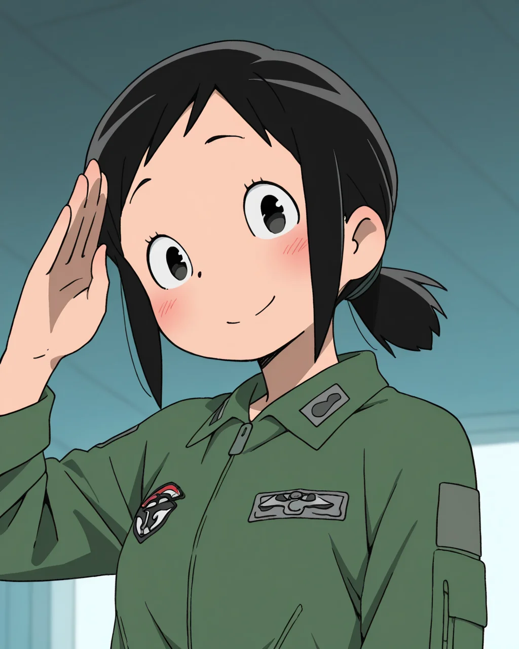 (masterpiece:1.4), (best quality:1.4),  very aesthetic, newest,best quality, amazing quality, absurdres,
amakasu_hisone, 1girl, solo,  blush, short hair, ponytail,  black hair,  black eyes, sidelocks,
military uniform,  jumpsuit,
upper body,salute
military base,smile,looking at viewer
 <lora:hisone:1>