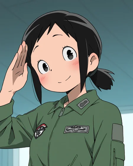 (masterpiece:1.4), (best quality:1.4),  very aesthetic, newest,best quality, amazing quality, absurdres,
amakasu_hisone, 1girl, solo,  blush, short hair, ponytail,  black hair,  black eyes, sidelocks,
military uniform,  jumpsuit,
upper body,salute
military base,smile,looking at viewer
 <lora:hisone:1>