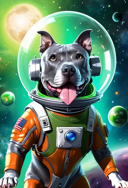 incredible masterpiece art, side view shot, Gray Pitbull Dog with head inside a glass bubble helmet and wearing an astronaut space suit, flying through outer space with a large jetpack attached and shooting sparks and green mist out the back, wild galaxy planets and celestial stars in the background <lora:Gray Pitbull Dog:1>, Fantasy cartoon concept art style, cartoon cute digital painting, imaginative, dynamic composition, whimsical expression, adorable, playful character, professional-grade execution, creates immersive world and landscape, brush strokes