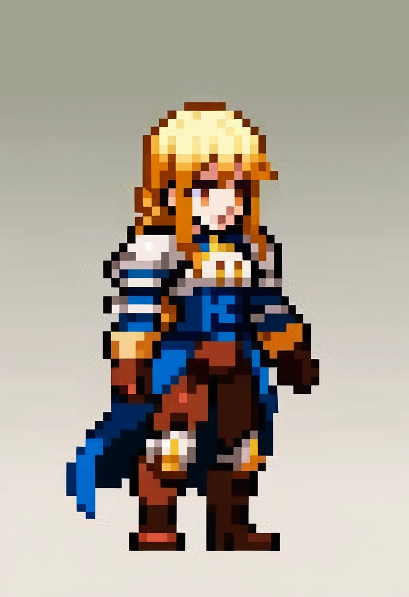 score_9, score_8_up, score_7_up, source_anime, BREAK, solo, 1girl, looking at viewer, <lora:Leanboox-Sprite-Style-pdxl_Fp:1>, simple background, full body, pixel art, <lora:agrias-pdxl-nvwls-v1:0.8>, agrias, blonde hair, braided ponytail, shoulder armor, armor, corset, brown pants, brown gloves, knee pads, boots