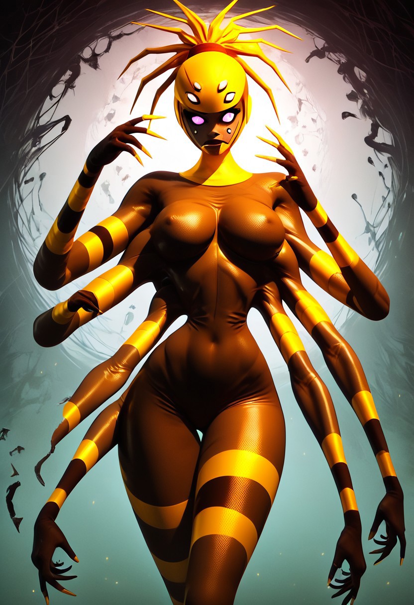Score_9_up, score_8_up, score_9, score_8, DonMC0m1cM4g1cXL, 4k, dark lighting, perfect lighting, perfect shadows, view from front (magic, eerie, fantasy, gloomy, decay, horror, dark), solo, Anansi, dark-skinned, six arms, six eyes,  pupil-less eyes, brilliant yellow hair,  spiky ponytail, monster girl, brown jumpsuit with yellow stripes, skin tight, helmet, tall, wide hips, slip waist, large breasts, sexy, dynamic, pose