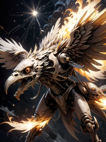 Mecha Skeletal fire infused (raven:1.3) flies through the night sky, behind it scatter trypophobic feathers, druidic style magic