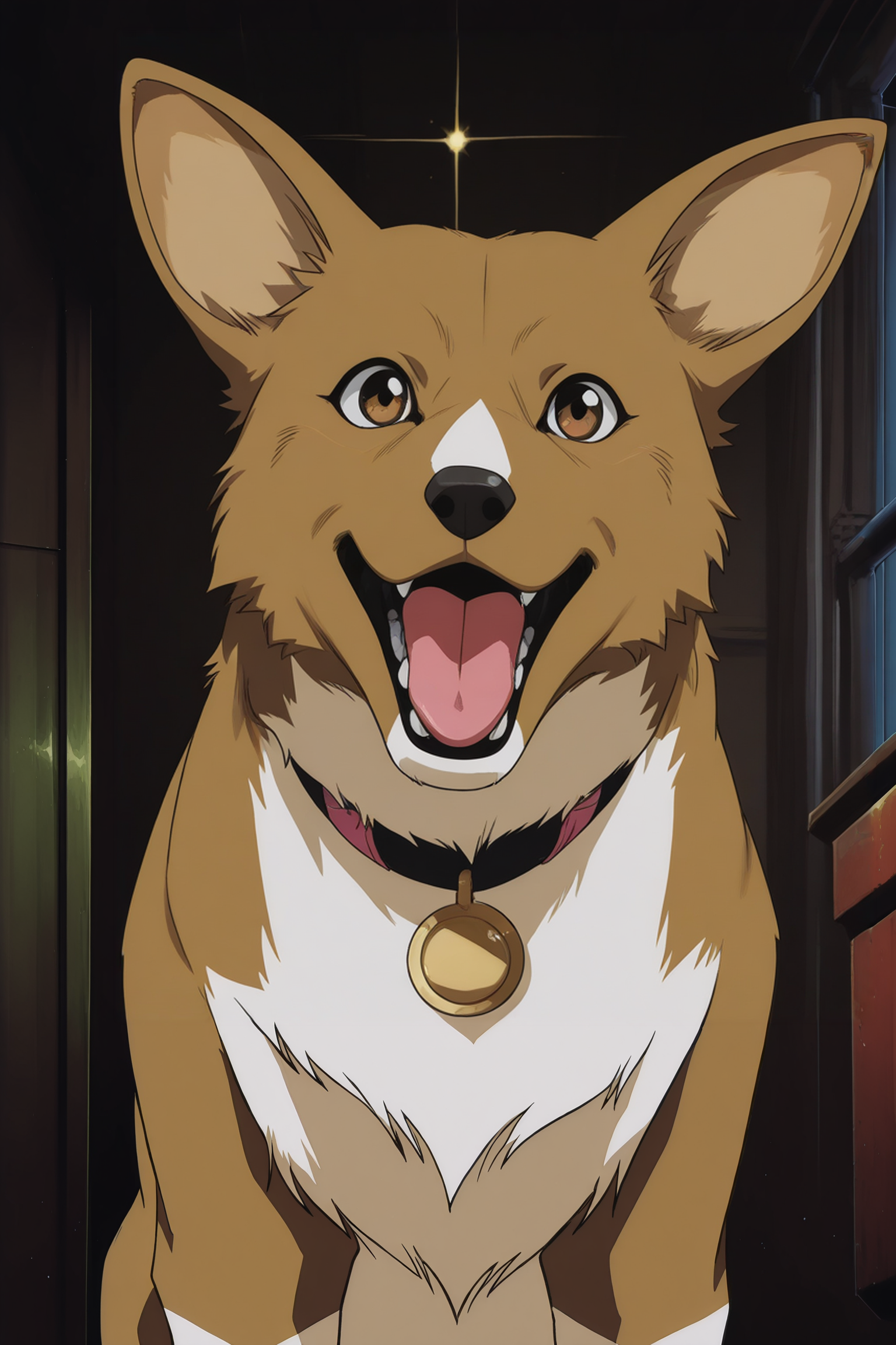 anime screencap, anime coloring, detailed face, perfect fingers, masterpiece, best quality, very aesthetic, absurdres,, volumetric lighting, 1990s (style), retro artstyle,
 <lora:Faye_Valentine_and_Ein_Cowboy_Bebop_-_Illustrious_V2:1>
 Ein (dog), dog, no humans, collar, animal focus, indoors, open mouth, animal, tongue, solo, Pembroke Welsh Corgi