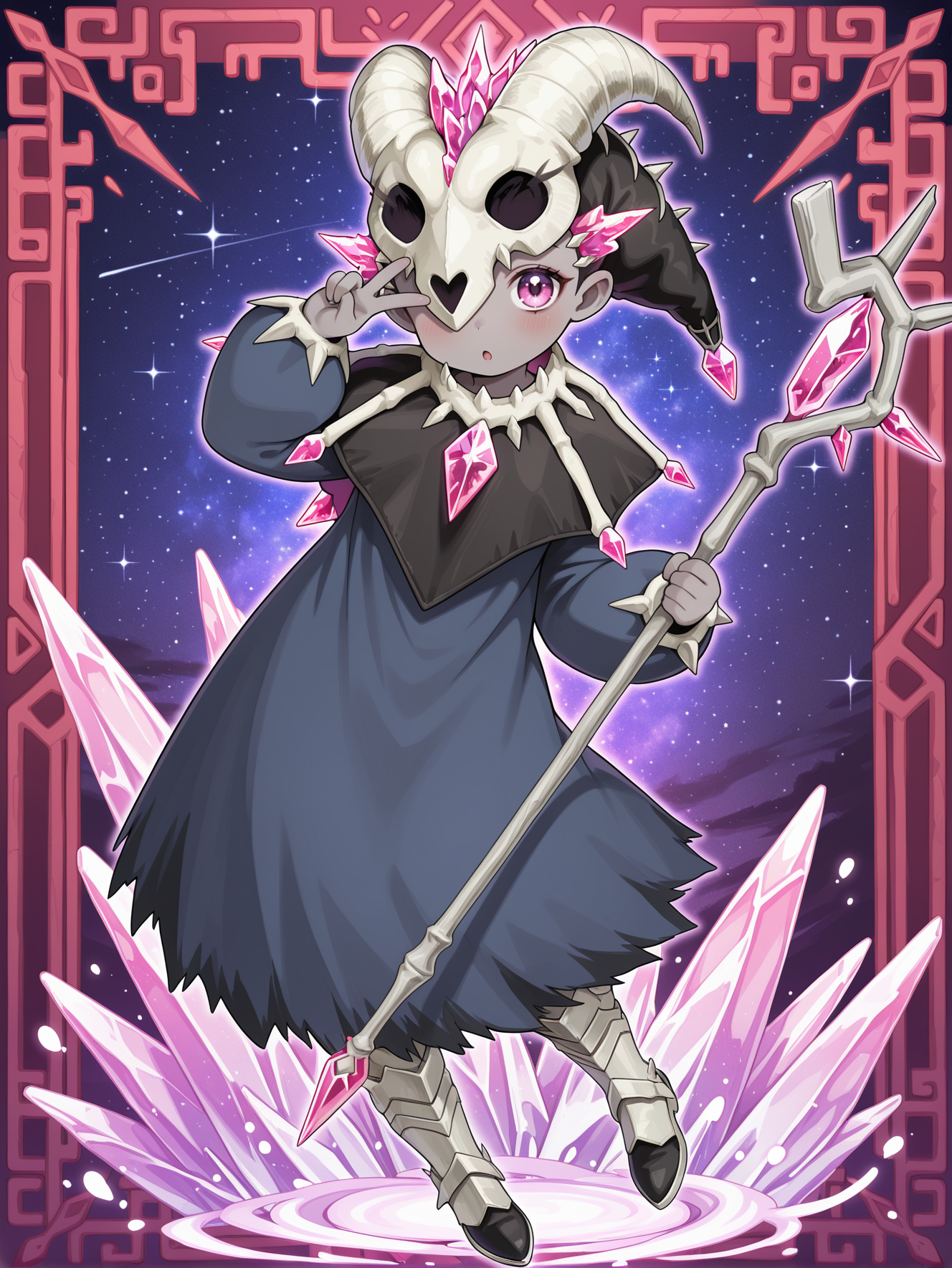 mementotlan mace,solo,1girl,pink crystal,looking at viewer,white knee boots,floating,full body,grey skin,blue dress,animal skull mask,black capelet,staff,holding staff,one eye covered, v, starry sky, red frame, leaning to the side, :o
masterpiece,best quality,amazing quality,very aesthetic,absurdres,newest,<lora:Mementotlan Angwitch & Mace illusXL v1.1:0.75>,