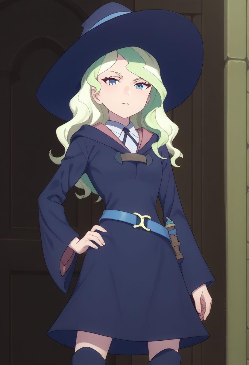 score_9, score_8_up, score_7_up, source_anime, highly detailed, 
diana, 1girl, solo, hat, blue eyes, long hair, witch hat, light green hair, witch, dress, hand on hip, looking at viewer, luna nova school uniform, boots,
standing, school uniform, blonde hair, thighhighs, multicolored hair, upper body
outdoor,