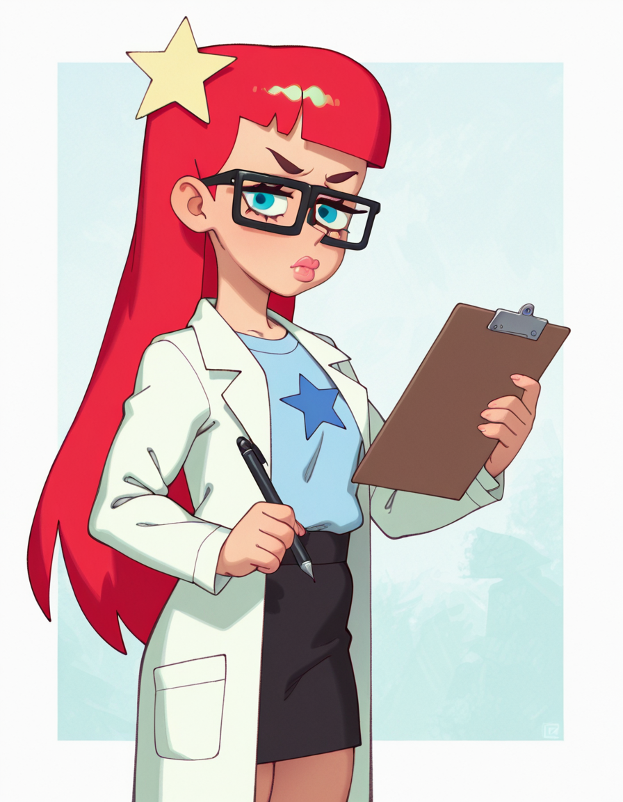 <lora:SusanTestIllustrious1.0JLFO-000017:0.8> susantest, 1girl, red hair, glasses, solo, long hair, blue eyes, star hairclip, labcoat, blue t-shirt, lips, skirt, masterpiece, best quality, amazing quality, very aesthetic, absurdres, looking at viewer, cowboy shot,riz, holding clipboard, frown,