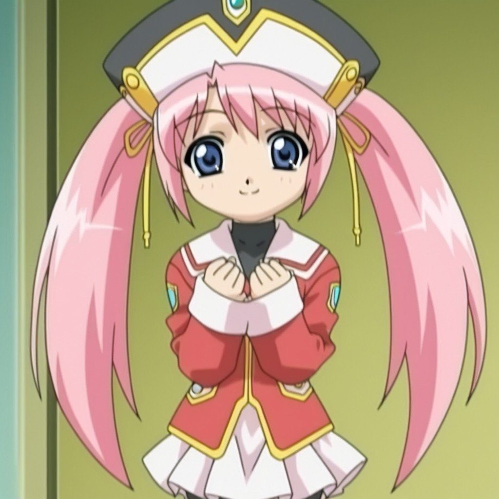 <lora:Loveriel_Illustrious_from_Jiburiru_The_Devil_Angel-000009:1>,loveriel,pink hair,twintails,red jacket,hat,anime screencap,anime coloring,solo,standing,miniskirt,2000s style,blue eyes,smile look at viewer,open eyes,