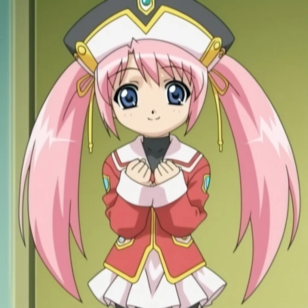 <lora:Loveriel_Illustrious_from_Jiburiru_The_Devil_Angel-000009:1>,loveriel,pink hair,twintails,red jacket,hat,anime screencap,anime coloring,solo,standing,miniskirt,2000s style,blue eyes,smile look at viewer,open eyes,