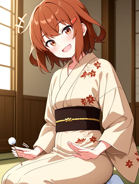 <lora:ikatuchi-yukata-outfit-000009:1>,ikatsuchi-wafuku,maple leaf floral print yukata,decorate black obi,iii iron symbol,short hair,brown japanese clothes,solo,brown hair,1girl,hairclip,hair ornament,fang,wide sleeves,brown eyes,skin fang,alternate costume,tabi,
<lora:Lap_Pillow_Invitation_IL:1>,holding mimikaki,(lap pillow invitation:1.2),motion lines,
faceless male side lying on her leg,
looking at viewer,blush,+++,open mouth,fang,strong smile,head tilt,doyagao,
window,sunlight,japanese-style room,paper doors,
masterpiece,best quality,newest,absurdres,highres,detailed eyes,beautiful,detailed background,perfect eyes,anime coloring,anime screencap,
<lora:add-detail-xl:1>,<lora:ponyv4_noob1_2_adamW-000017:0.8>,wear clothes,