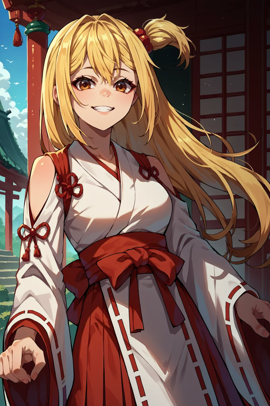 score_9, score_8_up, score_7_up, score_6_up, source_anime, 1girl, solo, <lora:yuriamagake-pdxl-nvwls-v1-000004:1> amayr, blonde hair, long hair, one side up, brown eyes, miko costume, miko, looking at you, japanese architecture, smile