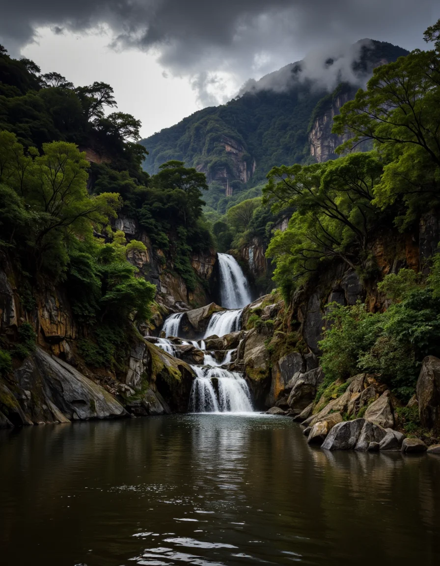 By Maria Isabel Ruiz. A photo-realistic landscape photograph of a waterfall in the middle of a lush green forest, taken from the side. the image captures the beauty of the waterfalls cascading down the rocky cliffs and into a calm, still body of water, surrounded by dense greenery on both sides. the waterfall is located in the center of the image, with the surrounding mountains in the background. the water is still and reflects the surrounding greenery, creating a serene atmosphere. the sky is filled with dark, ominous clouds, adding to the dramatic effect of the scene. the overall mood is one of tranquility and serenity, making this image a perfect representation of the natural beauty of nature.