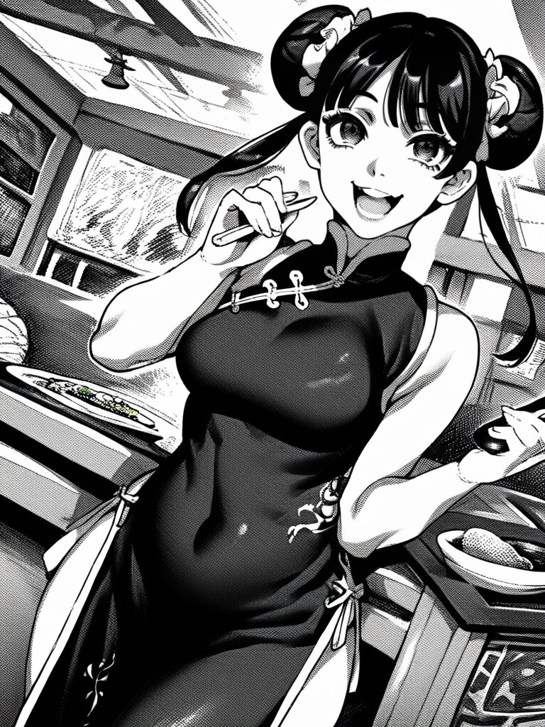 score_9, score_8_up, score_7_up, score_6_up, 1girl eating sushi, open mouth, food, restaurant, paper lantern, looking at food, black hair, hair buns, medium breast, eyes, smile, china dress, looking at viewer, cowboy shot, dynamic pose, smile, cute, wide shot, solo, dutch angle, detailed landscape, 
 <lora:ABearHand_style:1>, HandBeardXLP, monochrome, greyscale,