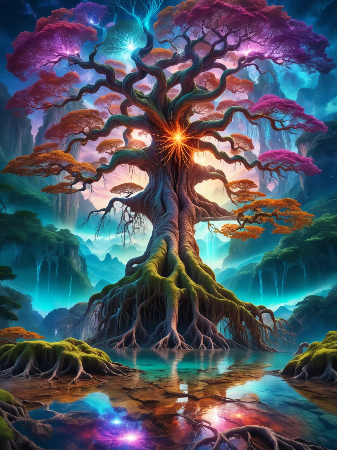 surreal landscape featuring a giant tree with glowing roots and branches, fantastical scenery, vibrant and rich colors, high-definition textures, intricate details, perfect lighting, 8k resolution, mystical atmosphere, dynamic composition