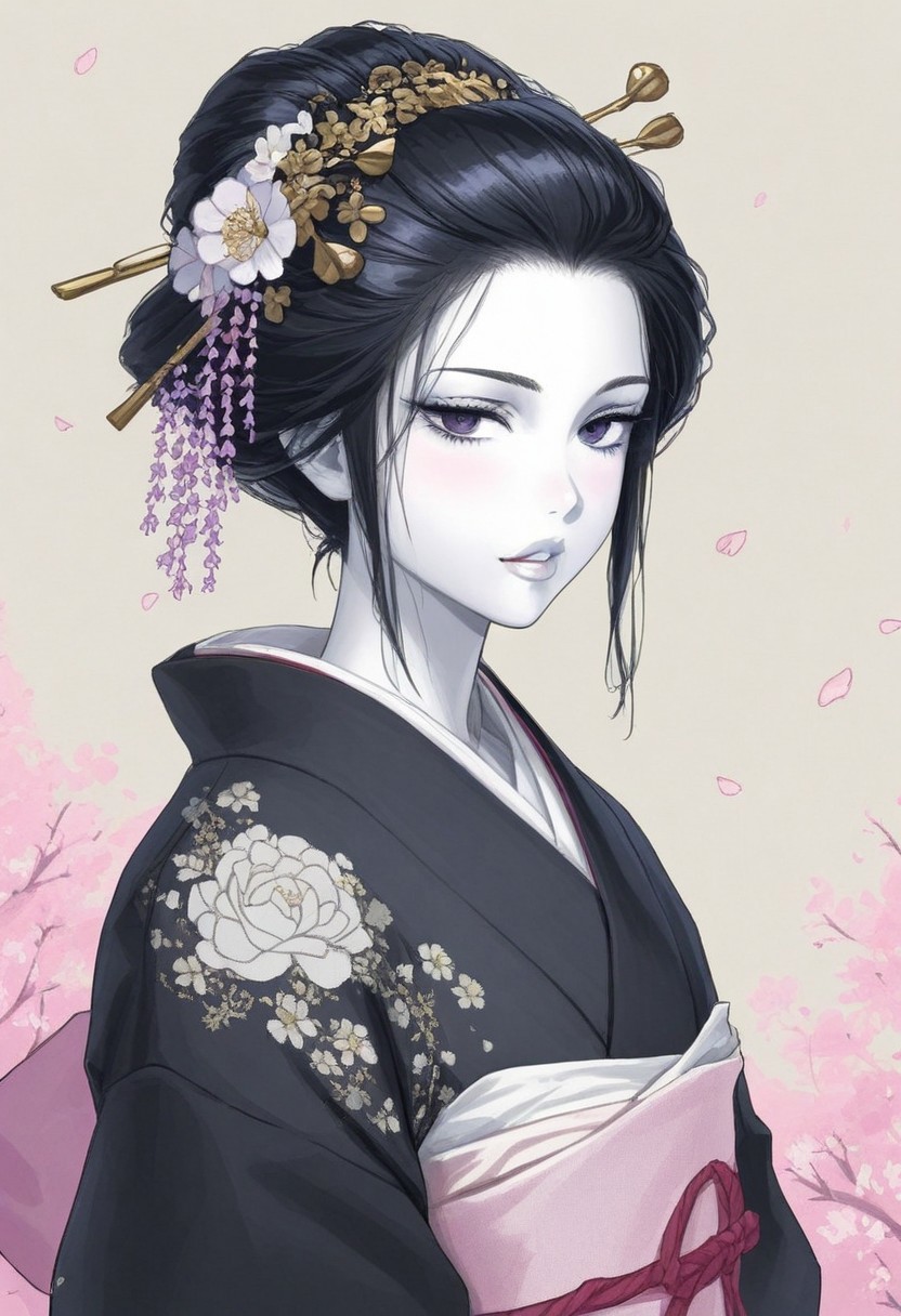 high_quality, highres, detailed, (masterpiece, best quality:1.2), absurdres, 8k, HDR, Jeddtl02,  (colored skin, white skin:1.2), black hair, detailed lips, soft lips, white lips, elegant kimono, black kimono, floral embroidery, cherry blossoms, traditional hair ornament, serene expression, ink style background <lora:DetailerILv2-000008:1>