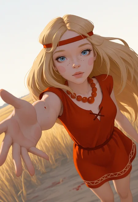 absurdres, high quality, masterpiece, very awa,  8k, absurd res,  <lora:Alyonushka:1> alyanushka, alyonka, 1girl, necklace, blue eyes, jewelry, long hair, solo, blonde hair, freckles, headband, bead necklace, beads, pearl necklace, blush stickers, lips, outdoors,  breast,   red dress,  <lora:sshfstyle_XL_PB:0.3> sshfstyle, bangs, looking at viewer, string, blood, outstretched arm, open hand, perspective, dynamic angle, dynamic pose