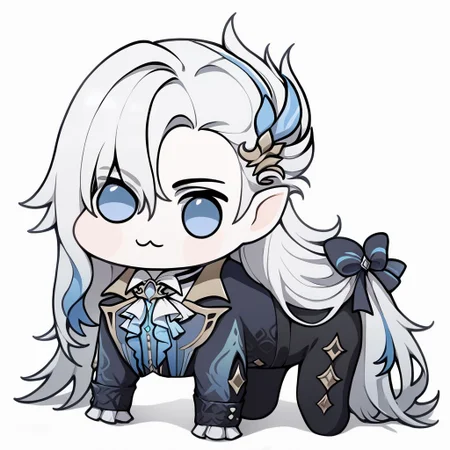 neuvillette, doro, creature, :3, chibi , long hair, 1boy, solo, male focus, white background, hair ornament, all fours, blue hair, white hair, multicolored hair, full body, ascot, pointy ears, simple background, looking at viewer, long sleeves, frilled sleeves, black pants, formal, pants, feather hair ornament, long hair, 1boy, feather hair ornament, four legs zPDXL