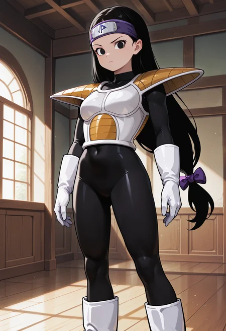 Tsch, 1girl, black hair, low-tied long hair, black eyes, purple bow, forehead protector, white saiyan armor, shoulder pad, black bodysuit, white gloves, white boots, looking at viewer, indoors, best quality, very aesthetic, masterpiece,