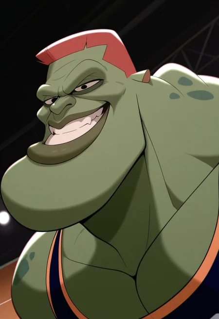 bang_(space jam), solo, grin, green skin, black eyes, muscular, dynamic angle, face focus, portrait, tank top, BREAK masterpiece, best quality, amazing quality, very aesthetic, high resolution, 4K, ultra-detailed, depth of field, separate focus, newest, detailed background, beautiful, cinematic lighting
