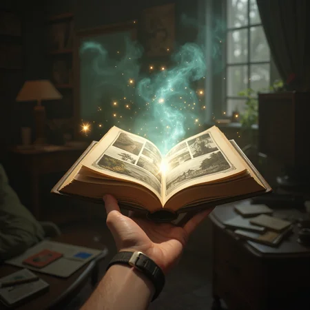 POV hand releases magical energy. An open, magical picture book flies in the middle of the room. It contains photographs of life.