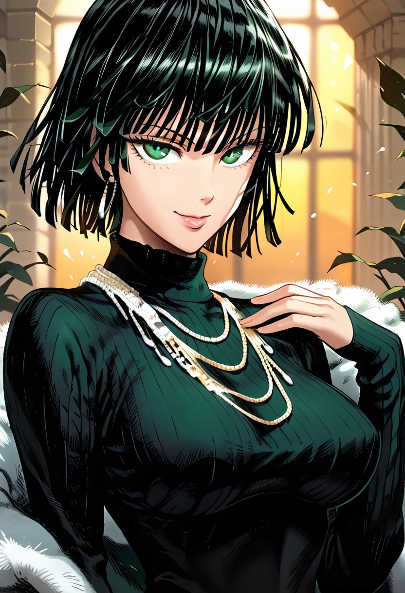score_9,score_8_up,score_7_up,source_anime, FUBUKI_(ONE_PUNCH_MAN),1girl,solo,breasts,looking at viewer,smile,short hair,bangs,large breasts,black hair,dress,jewelry,closed mouth,green eyes,upper body,necklace,black dress,sweater,lips,turtleneck,ribbed sweater,