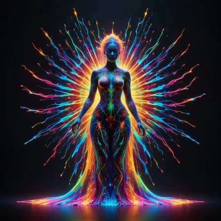 a full body fire entity with multicolored flames, professional photography of an fantastical warrior princess entirely made of cyberflies with whimsical elements, swirling magic, eerie fairytale landscape, elaborate fantasy style art, very colorful, intricate details, ultra sharp, exquisite detail, flawless composition, vivid colors, masterpiece, exciting background, TAS, TASvisuals, Psychedelic , Rave, Elaborate , Blacklight , Vibrant , cyberflies, black light paint, blp, Colorful Chaos Cracks and Drops, mad-glowtiedye, made out of,colorful,liquid,Murano Art Glass