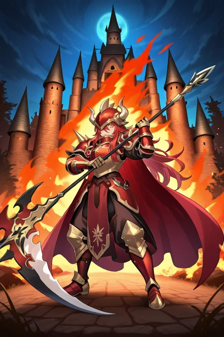 <lora:GulcasaIL:0.8> , guldef, (1boy), red hair, long hair, hair between eyes, yellow eyes, armor, full armor, spikes, shoulder armor, one eye covered, horned helmet, spiked helmet, horned headwear, shoulder spikes, cape, red cape, pauldrons, gauntlets, greaves, full body, (combat pose), battle pose, holding scythe, night, burning castle, obsidian tower, looking at viewer, medieval village in background, exterior, solo, masterpiece, very aesthetic, absurdres, best quality, amazing quality, high resolution, detailed background, <lora:illustrious_quality_modifiers_masterpieces_v1:0.8> , <lora:ChamIllustriousBackgroundEnhancer:0.5>
