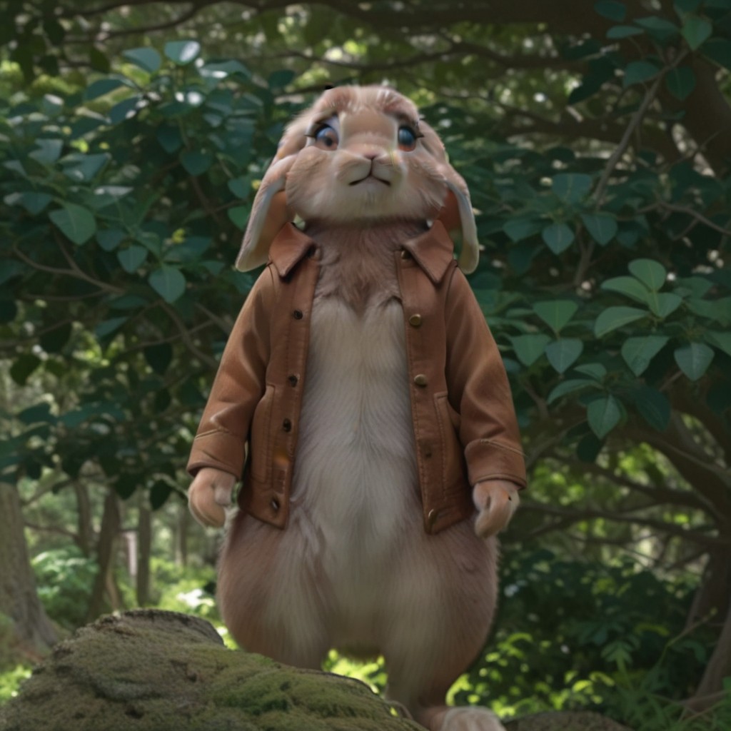 masterpiece, best quality, amazing quality, benbnny18il, semi-anthro, male, rabbit_boy, brown fur, brown eyes, brown jacket, floppy ears, standing, in forest, solo, <lora:fdcb2a19-b3b8-4013-a573-d6e5b55e8e05:1.0>