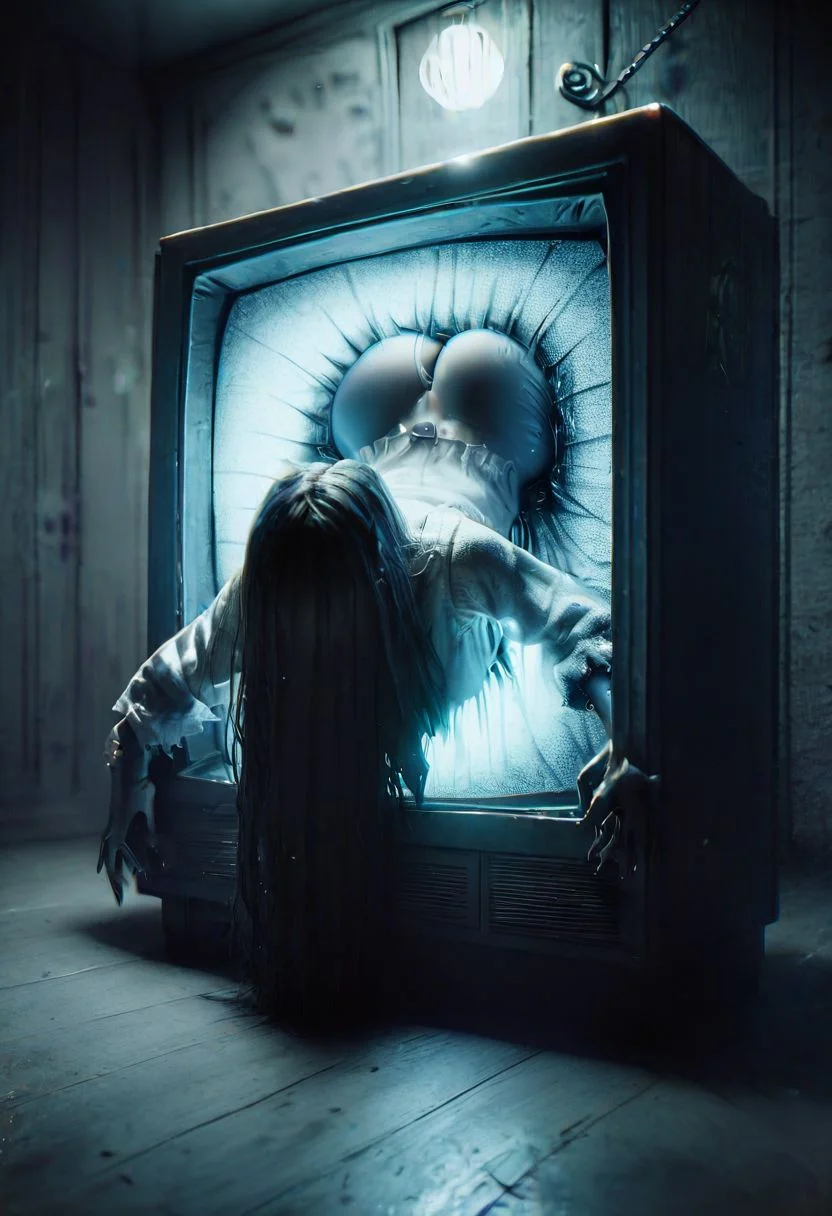 score_9, score_8_up, score_7_up, 1girl, theonryoxl throughscreen, stuck, tv, lower body, static, crawling, bare ass, big ass, big boobs, dark room, scary room, darkly lit, (black water leaking from tv:1.3)