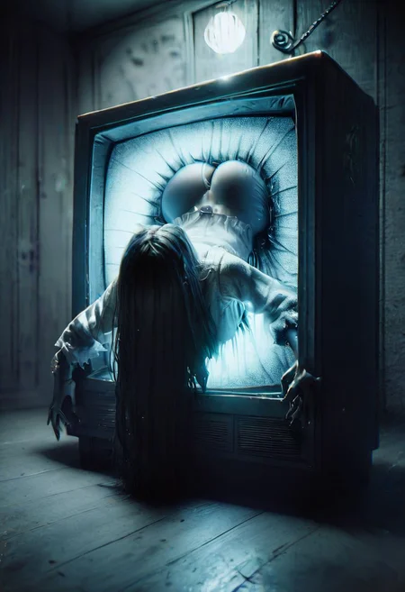 score_9, score_8_up, score_7_up, 1girl, theonryoxl throughscreen, stuck, tv, lower body, static, crawling, bare ass, big ass, big boobs, dark room, scary room, darkly lit, (black water leaking from tv:1.3)