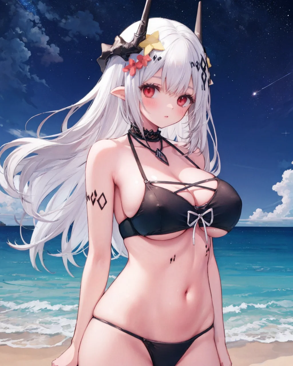1girl,solo,mdrk,huge breasts, black_bikini, standing, cowboy shot, arms at sides,
outdoors,seaside, starry sky, night,
,<lora:MudrockSilentNightV2Normal:1>,