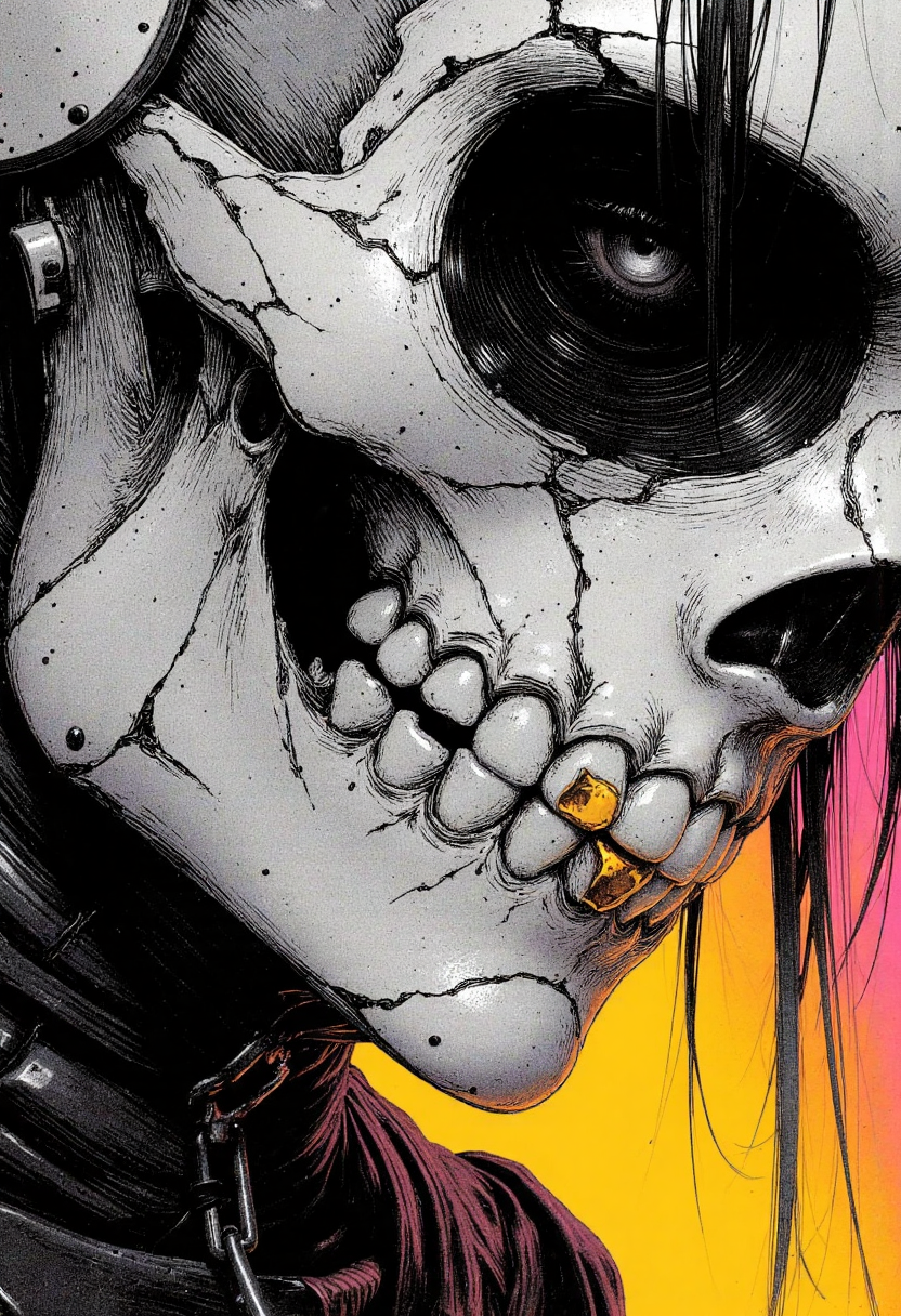 Nistyle, monochrome manga sketch, eerie and haunting extreme face close-up of afemale skeleton with a weathered, menacing, surreal appearance, with an unnerving smile with missing teeth, striking eyes, and grotesque features. The skeleton has one gold-colored tooth made of gold and wears the remains of tattered leather armor with sci-fi elements. The eyes are shaded, sad and pained, with a contagious sorrow accentuating the intense, unsettling gaze. The macabre sketch is hyper-detailed in manga style, featuring a vibrant neon fluorescent monochromatic gradient background in bleached tones, combined with gray and white color grading for a dramatic effect. <lora:test2-000013-nistyle:0.8><lora:Reticulating_Noise_Gradient_Flux:0.3> Reticulating Noise Gradient, noisy, grain-shaded gradient, vibrant neon fluorescent hues, grainy, pixelated texture, filter-enhanced, stylized image, monochromatic color scheme, neon fluorescent theme,<lora:Wiz-Arcana-Spectral_Glow:0.35> spectral glow, chromatic grain, motion blur, diffuse silhouette, light leak effect, prism effect, inverted negative film, ethereal <lora:franck-bohbot-flux1-dev-v1-000058:0.5> in the style of franck-bohbot