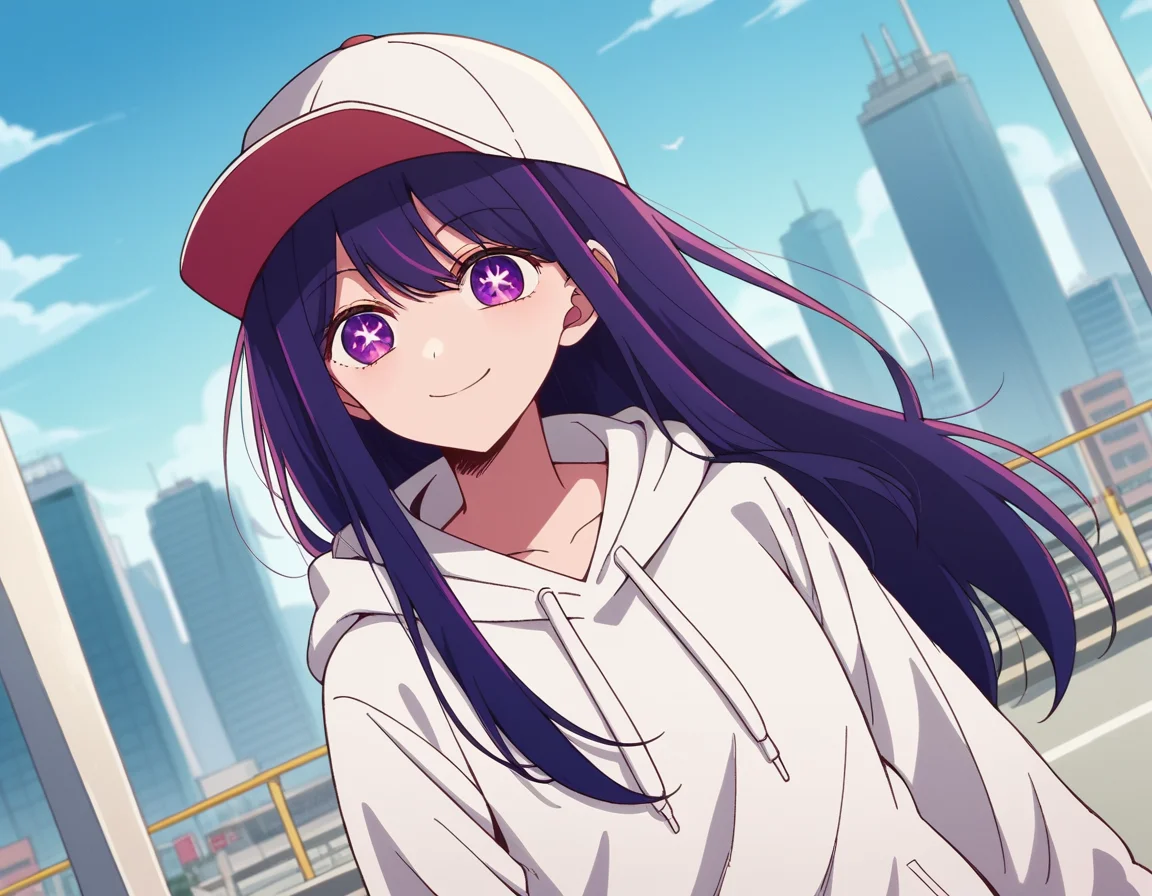 score_9, score_8_up, score_7_up, source_anime,
aihoshino, <lora:ai-hoshino-s1-ponyxl-lora-nochekaiser:1>,
ai hoshino, long hair, bangs, purple eyes, purple hair, symbol-shaped pupils,
hood, hoodie, hood down, long sleeves, white hoodie, hat, baseball cap,
cityscape, street, smile,
looking at viewer, cowboy shot, dutch angle, solo,